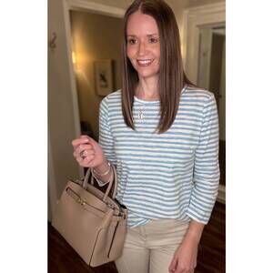 NEW MULTIPLES striped 3/4 sleeve round neck top in chambray